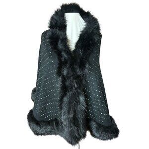 Jessica McClintock Luxury Faux Fur Trim Black Shawl Rhinestone Accents Formal